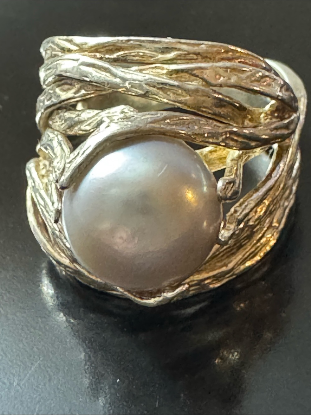 Sculptural Artisan Sterling Silver Pearl Ring - Israeli Studio Design
